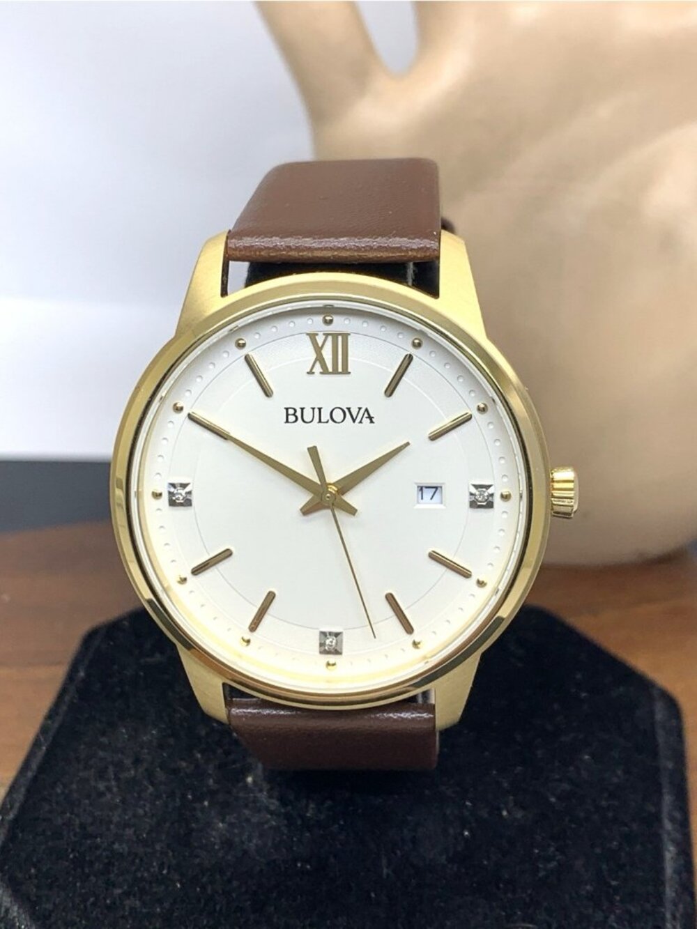 Bulova Men's Watch 97D125 Quartz Diamond Accent Gold Steel Brown Leather 41mm